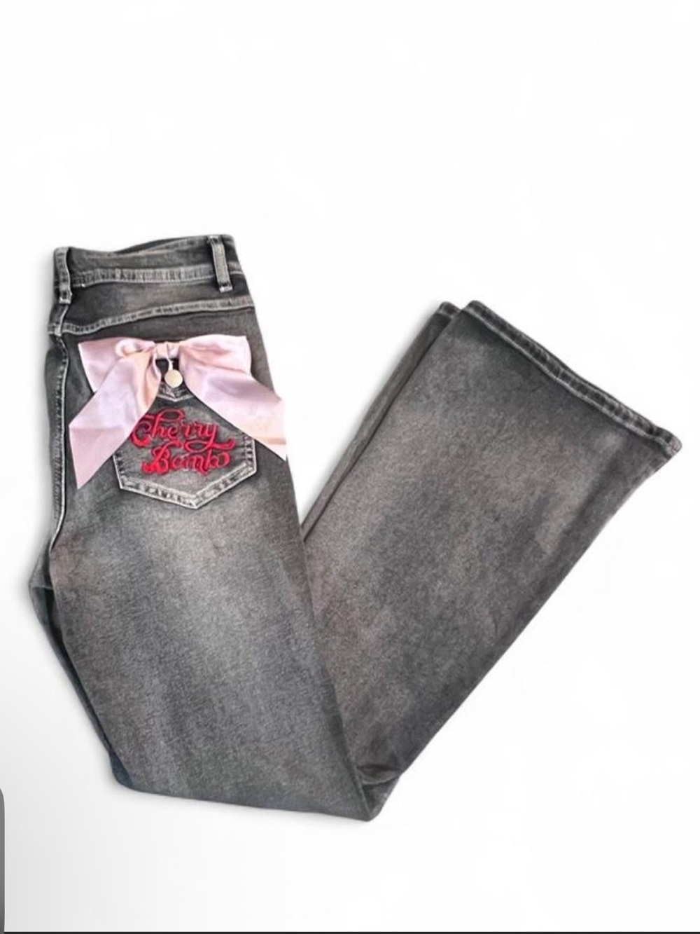 ROMWE Cherry Bomb Jeans Black Y2K Pink Bow Cherry Embellished Flare
